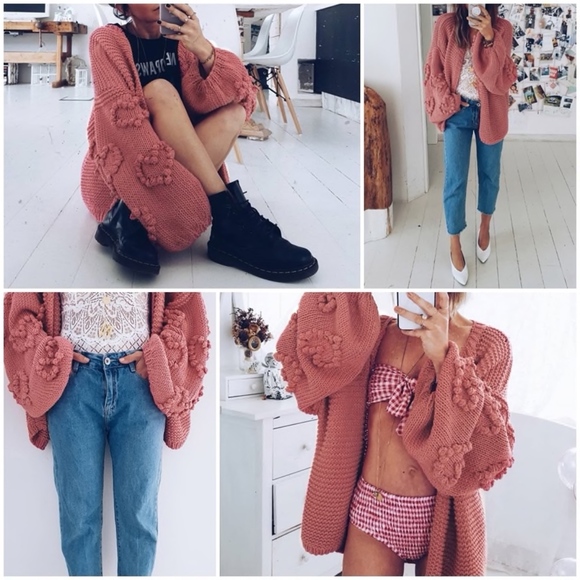 Pom Pom Hearts Berry Pink Oversized Cardigan - Picture 2 of 12